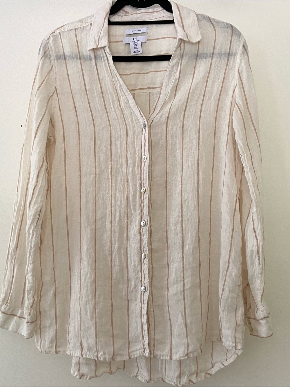 H Halston 100% Linen Button Down Shirt Size M Striped Beach Coastal Resortwear